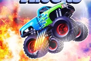 Monstertruck med stora hjul i färgglad design hoppar genom eld med en dynamisk bakgrund