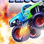 Monstertruck med stora hjul i färgglad design hoppar genom eld med en dynamisk bakgrund