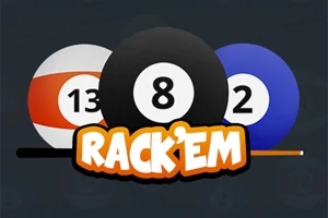 Biljardbollar med siffrorna 13, 8 och 2 samt texten RackEm