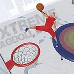 En animerad person i röda kläder hoppar från en trampolin och gör en dunk i en basketkorg i en inomhusmiljö