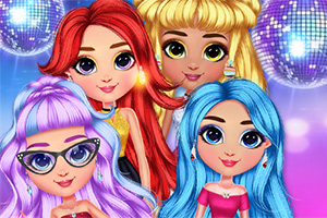 Fyra animerade figurer med färgglatt hår och stora ögon framför disco-bollar