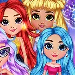 Fyra animerade figurer med färgglatt hår och stora ögon framför disco-bollar
