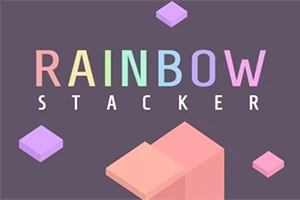 Texten RAINBOW STACKER i ljusa, pastellfärgade bokstäver mot en mörk bakgrund med flytande kuber i olika färger