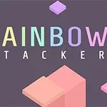 Texten RAINBOW STACKER i ljusa, pastellfärgade bokstäver mot en mörk bakgrund med flytande kuber i olika färger