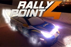 Rally Point 4 En rallybil med blÄ och gula detaljer sladdar i hög hastighet med strÄlkastarna lysande i mörkret