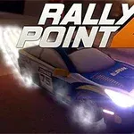 Rally Point 4 En rallybil med blÄ och gula detaljer sladdar i hög hastighet med strÄlkastarna lysande i mörkret