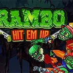 Tecknad figur med vapen står bredvid texten RAMBO HIT EM UP och omgivs av tecknade zombies i en mörk skog