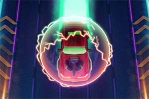 En röd bil omgiven av en energisköld på en neonupplyst bana