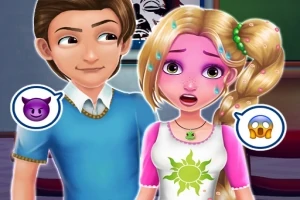 En animerad pojke och flicka står bredvid varandra, flickan är rosa i ansiktet och svettas, omgivna av emoji-symboler