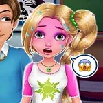 En animerad pojke och flicka står bredvid varandra, flickan är rosa i ansiktet och svettas, omgivna av emoji-symboler