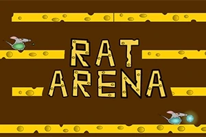 Brun bakgrund med ordet RAT ARENA i mitten och gnagare på ostliknande plattformar
