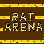 Brun bakgrund med ordet RAT ARENA i mitten och gnagare på ostliknande plattformar
