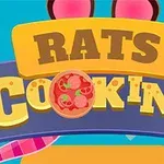 Färggrann illustration med orden RATS COOKING på en skylt och en tecknad pizza bakom bokstaven O
