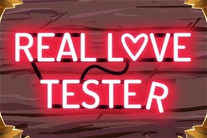 Neonskylt med texten REAL LOVE TESTER med ett hjärta istället för bokstaven O, mot en träbakgrund