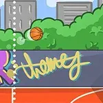 En tecknad basketplan med en basketboll i luften, graffiti på väggen och en korg med backboard