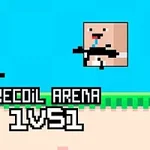 Två pixelkaraktärer med vapen står på en plattform med texten Recoil Arena 1vs1 under dem