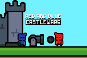 Två pixelerade figurer, en blå och en röd, står vid en kanon framför ett slott med texten Red and Blue Castlewars ovanför