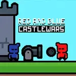 Två pixelerade figurer, en blå och en röd, står vid en kanon framför ett slott med texten Red and Blue Castlewars ovanför
