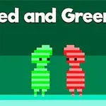 Två pixlade figurer, den ena grön och den andra röd, står bredvid varandra på en grön bakgrund