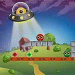 En tecknad landskapsscen med ett UFO som lyser ner på ett kulligt landskap, två färgglada bollar på en plattform och ett kanon bredvid