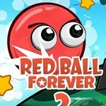 En tecknad röd boll med stora ögon, omgiven av stjärnor och texten Red Ball Forever mot en blå himmel och grönskande bakgrund