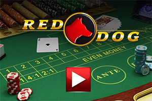 Ett grönt spelbord med kort, spelmarker och texten RED DOG i rött och gult