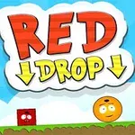 Röd och gul tecknad figur på en gräsplattform med texten RED DROP i bakgrunden mot en blå himmel