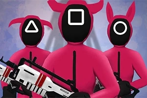 Tre personer i rosa dräkter med geometriska symboler på ansiktena och vapen i händerna