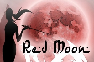 Silhuetten av en person som håller ett svärd framför en stor röd måne med texten Red Moon