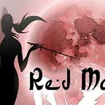 Silhuetten av en person som håller ett svärd framför en stor röd måne med texten Red Moon