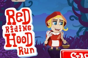 Tecknad flicka i röd luva står i en skog bredvid texten Red Riding Hood Run