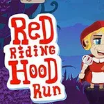 Tecknad flicka i röd luva står i en skog bredvid texten Red Riding Hood Run