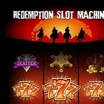 Tre cowboys rider mot en röd solnedgång ovanför en slotmaskin med symboler som scatter, wild och nummer 7