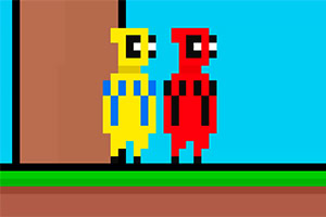Två pixelkaraktärer, en gul och en röd, står bredvid varandra mot en blå bakgrund