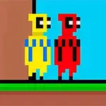 Två pixelkaraktärer, en gul och en röd, står bredvid varandra mot en blå bakgrund