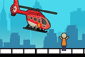 Röd helikopter svävar över en figur på en svartvit plattform mot en stadsutsikt med blå himmel