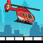 Röd helikopter svävar över en figur på en svartvit plattform mot en stadsutsikt med blå himmel