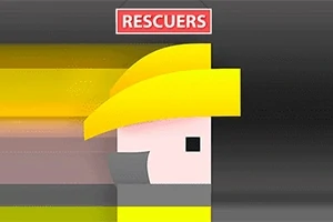 En tecknad figur med gul hjälm och skägg på en grå och svart bakgrund, med texten RESCUERS ovanför