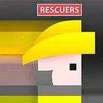 En tecknad figur med gul hjälm och skägg på en grå och svart bakgrund, med texten RESCUERS ovanför