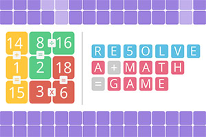 Färgglada block med siffror och symboler på vänster sida, textblock med RE5OLVE A MATH GAME på höger sida, mot en bakgrund av lila rutor