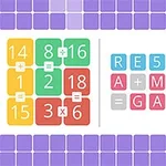 Färgglada block med siffror och symboler på vänster sida, textblock med RE5OLVE A MATH GAME på höger sida, mot en bakgrund av lila rutor