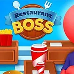 En röd tecknad figur i en blå skjorta framför snabbmatsbänkar med läsk och pommes frites, samt en skylt med texten Restaurant Boss