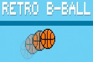 Pixelgrafik av en basketboll i rörelse med texten Retro B-Ball på en blå bakgrund