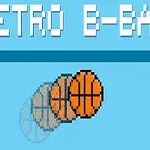 Pixelgrafik av en basketboll i rörelse med texten Retro B-Ball på en blå bakgrund