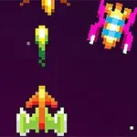 Pixelgrafik med färgglada rymdskepp och utomjordiska figurer på en mörk bakgrund