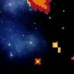Rymdskepp och pixlade objekt i ett blåaktigt stjärnfält med en stor orange asteroid