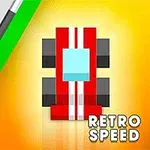 Röd och vit pixelbil mot gul bakgrund med texten Retro Speed