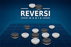Svart och vita spelbrickor på ett rutnät mot en blå bakgrund med texten Reversi Mania