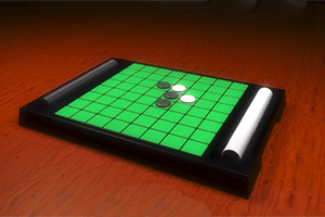 Ett spelbräde med gröna och svarta rutor samt några svarta och vita brickor