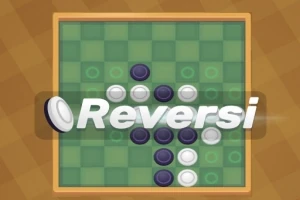 Ett rutigt spelbräde med vita och svarta brickor samt texten Reversi över brädet